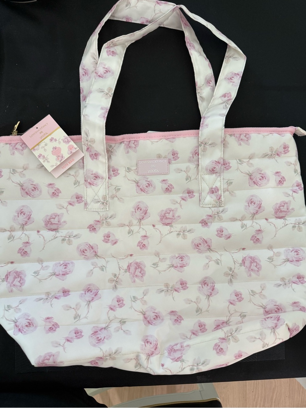 LoveShackFancy Cream Tote with Pink Rose Print